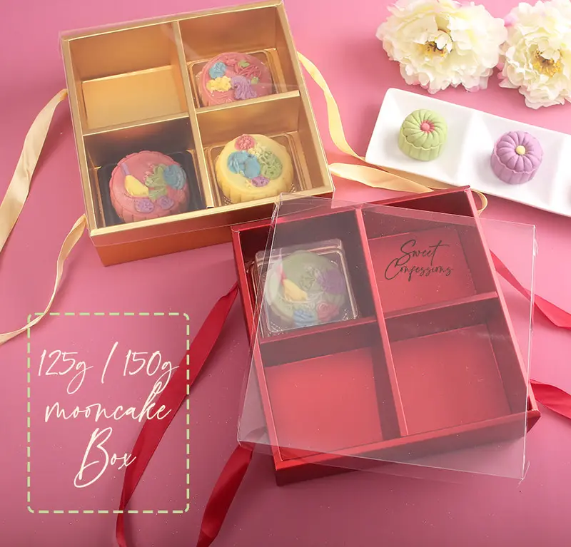 Festive Mooncake Gift Box – Red & Gold Shimmer Packaging (4-Cavity, 125G Or 150G) 1