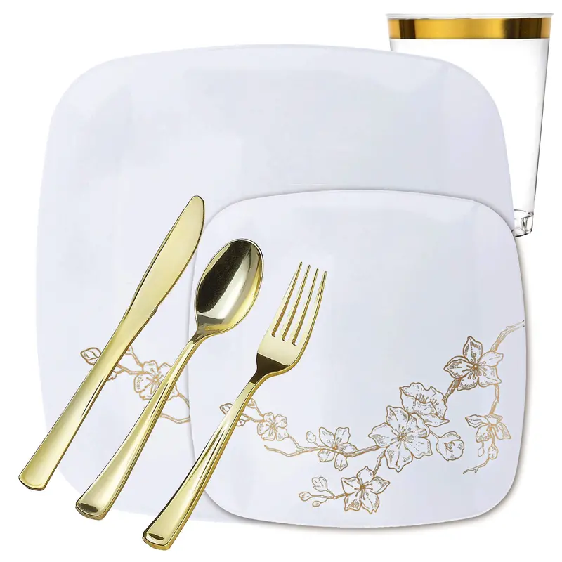 Gold Buds Combo: White & Gold Rim Plastic Dinner Plates – Bulk Set 1