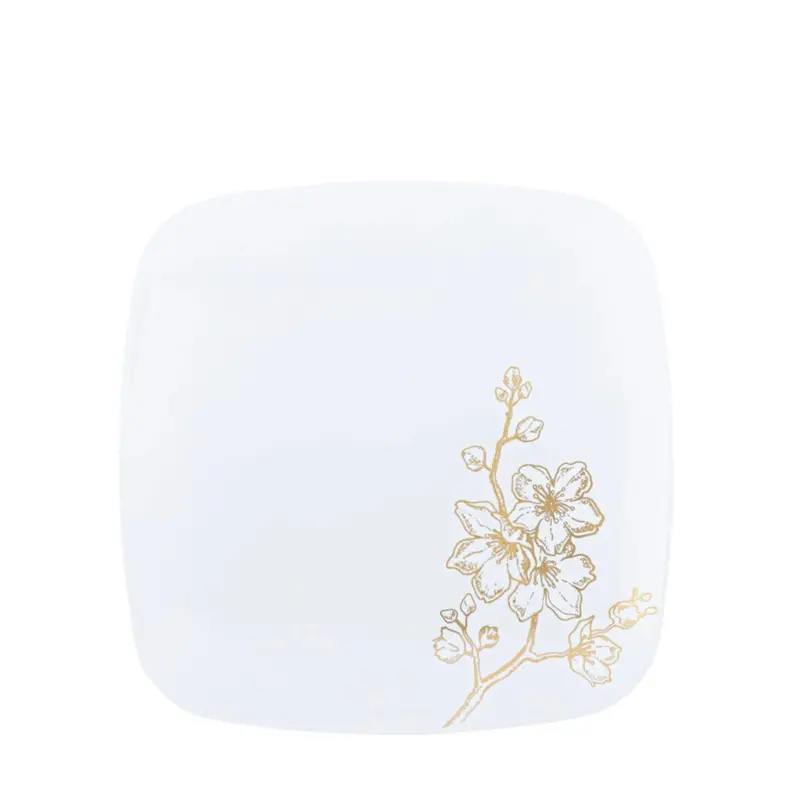 Gold Buds White & Gold 7.5-Inch Square Disposable Appetizer Plate 1