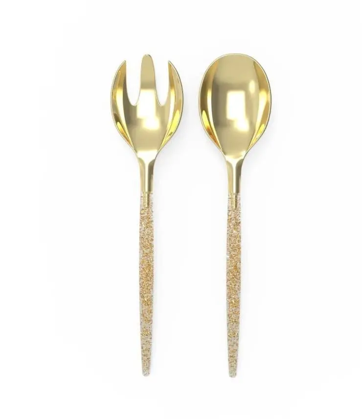 Gold Glitter Disposable Fork And Spoon Set – 2-Piece Elegant Serving Pair 1