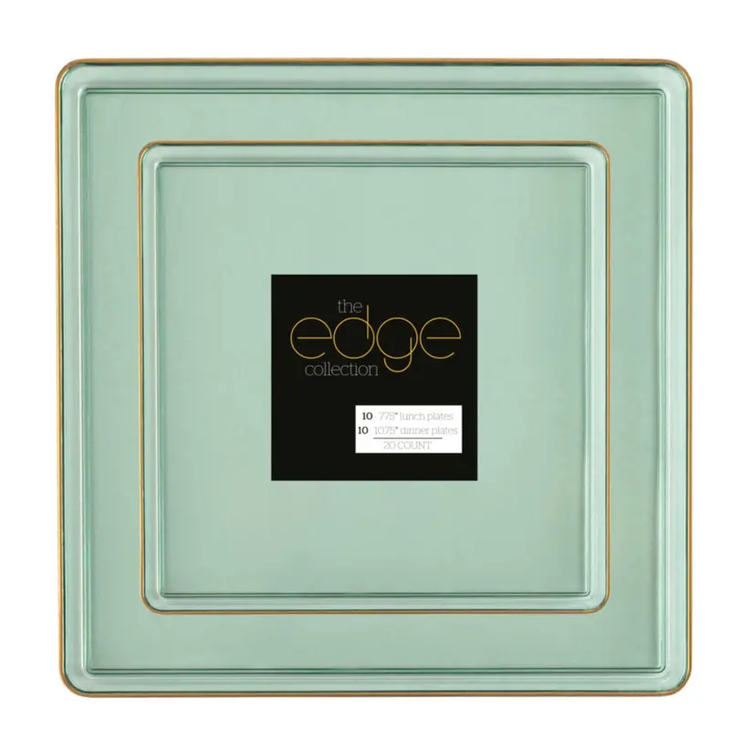 Green & Gold Rim Square Plastic Plate Combo: 10.75" + 7.75" – Edge Collection 1