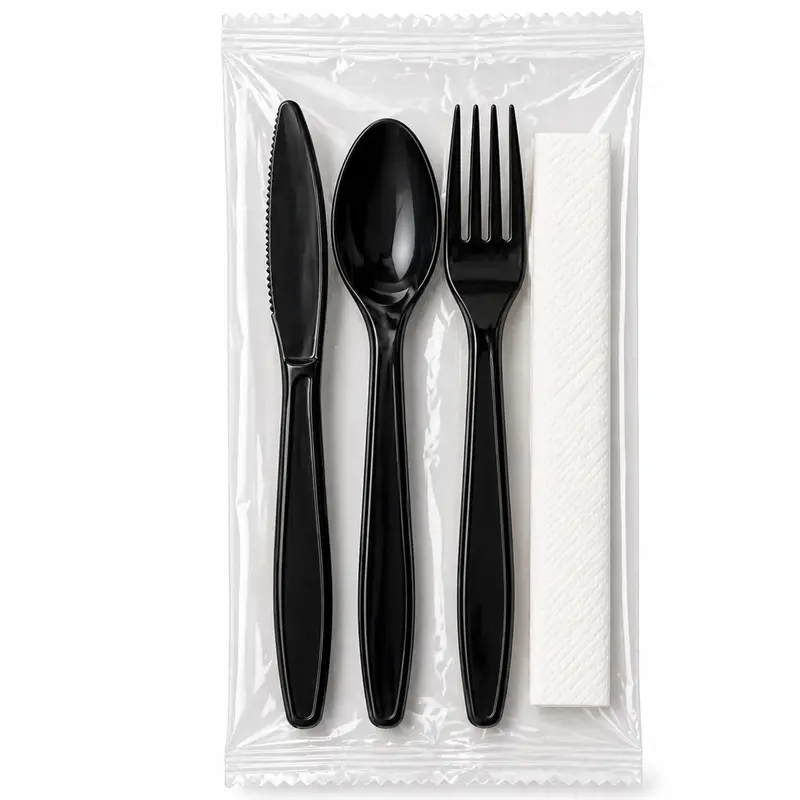 Heavy-Duty Black Plastic Cutlery Set (Fork, Knife, Spoon, Spork) + Napkin – Individually Wrapped 1