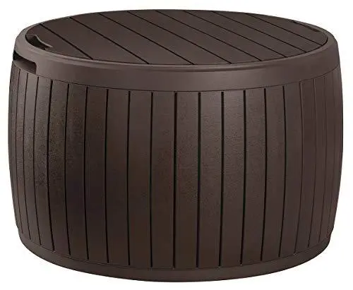 Keter Circa 37-Gallon Brown Round Deck Box – Weather-Resistant Patio Storage Table 1