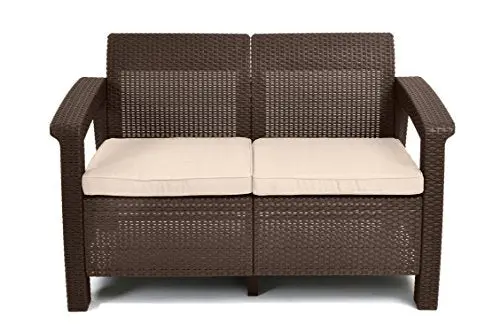 Keter Corfu Resin Wicker Outdoor Loveseat With Cushions – Brown Patio Seating 1