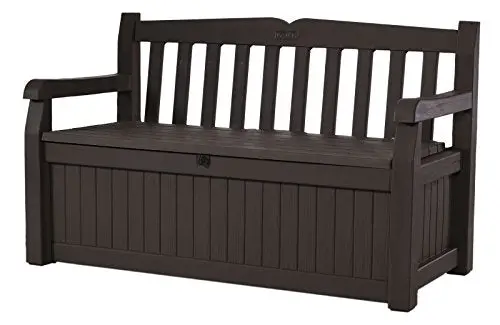 Keter Eden 70-Gallon Brown Storage Bench – Stylish Outdoor Deck Box For Seating, Tools & Pool Toys 1