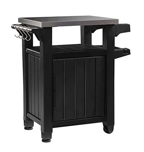 Keter Unity Dark Grey Outdoor Storage Cabinet & Portable Patio Table – Stainless Steel Top With Grill Accessory Hooks 1