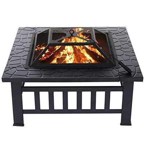 Kingso Square Metal Fire Pit – 32-Inch Wood-Burning Outdoor Stove With Spark Screen, Log Grate & Poker 1