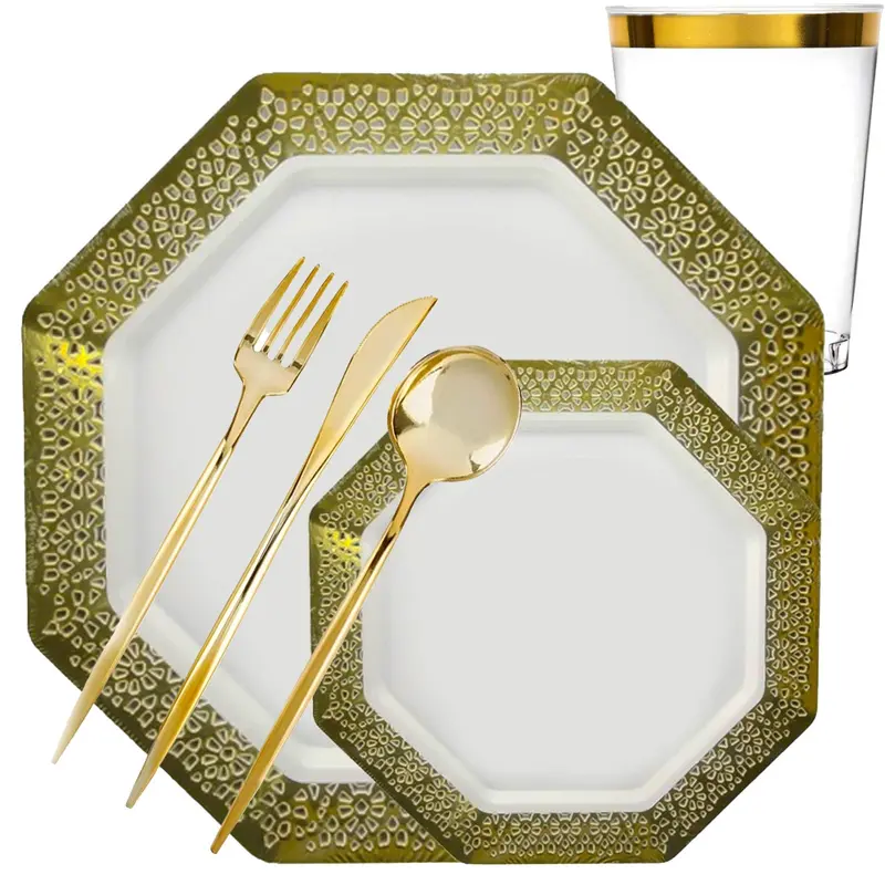 Lacetagon Heavy-Duty White Plastic Dinnerware Set With Gold Rim – Value Pack 1