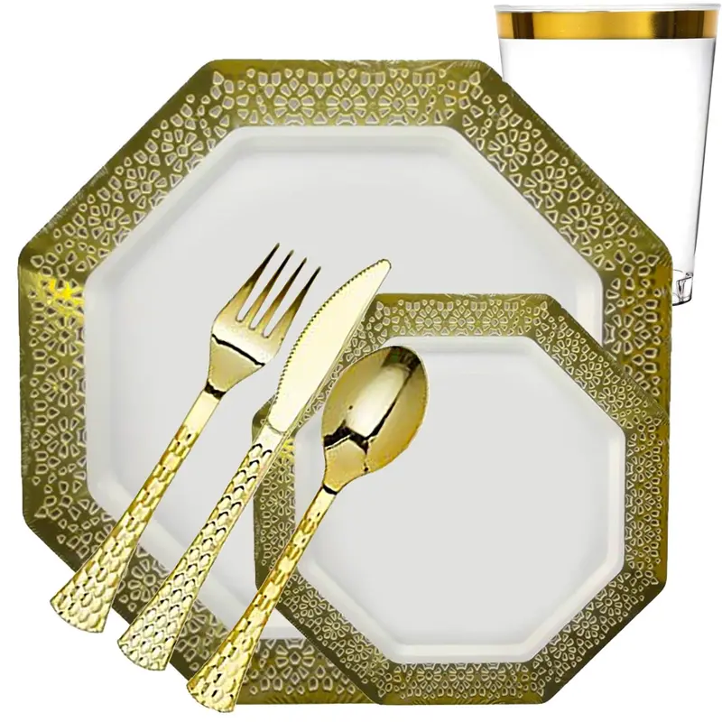 Lacetagon Premium White Plastic Dinnerware Set – Heavyweight With Gold Rim 1