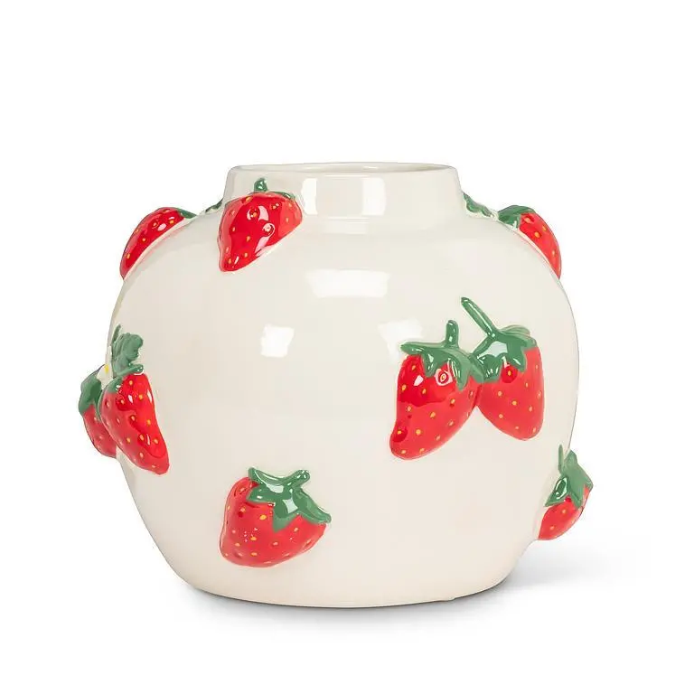 Large Round Vase Featuring Strawberry Accents 1