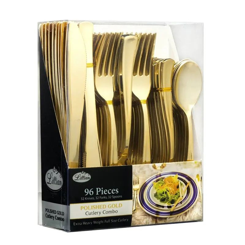 Lilian Gold Heavyweight Plastic Flatware Set – 96-Piece Combo 1