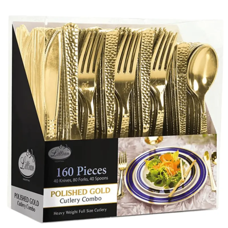 Lilian Hammered Heavyweight Gold Plastic Cutlery Combo – 160-Piece Set 1