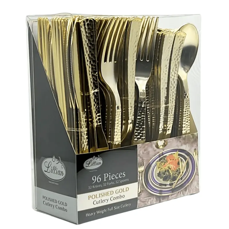 Lilian Hammered Heavyweight Gold Plastic Cutlery Combo – 96-Piece Set 1