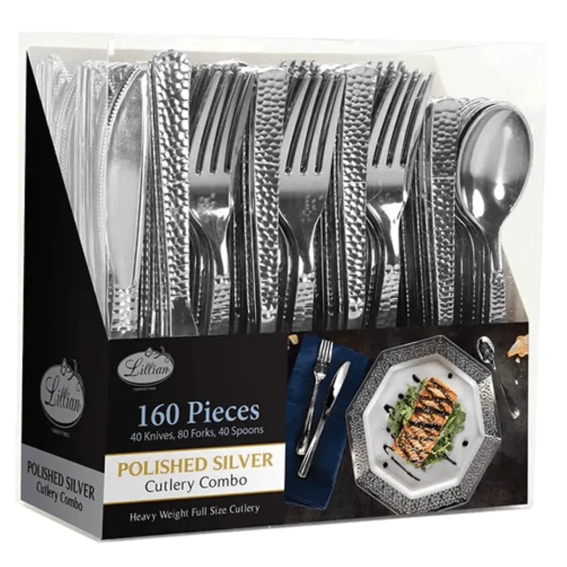 Lilian Hammered Heavyweight Silver Plastic Cutlery Combo – 160-Piece Set 1