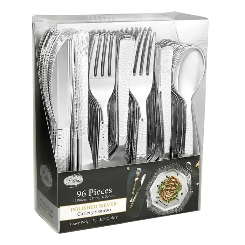 Lilian Hammered Heavyweight Silver Plastic Cutlery Combo – 96-Piece Set 1