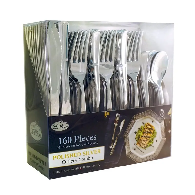 Lilian Silver Heavyweight Plastic Flatware Set – 160-Piece Combo 1