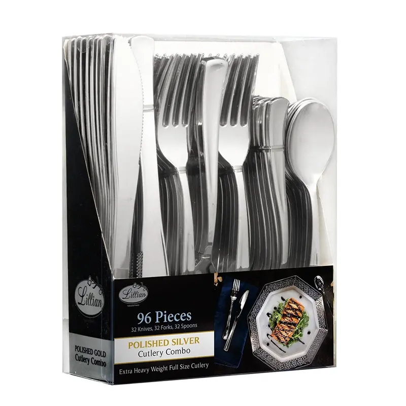 Lilian Silver Heavyweight Plastic Flatware Set – 96-Piece Combo 1
