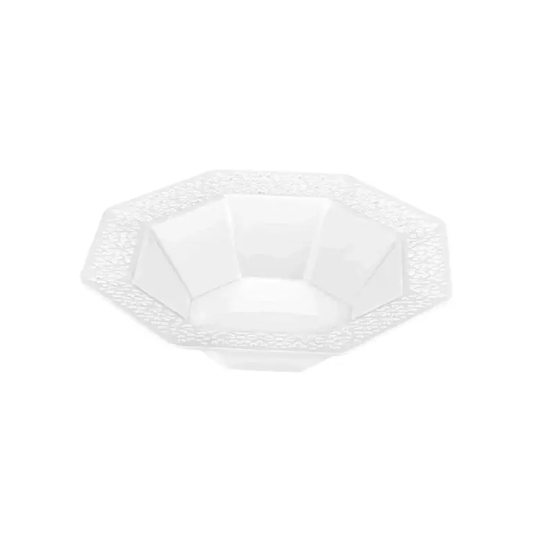 Lillian 5 Oz White Lacetagon Plastic Plates 1