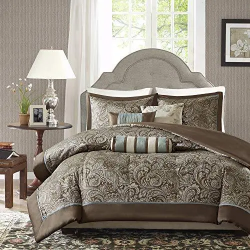 Madison Park Aubrey Paisley Jacquard Duvet Cover Set – King/Cal King, 6-Piece, Blue & Brown Microfiber Comforter 1
