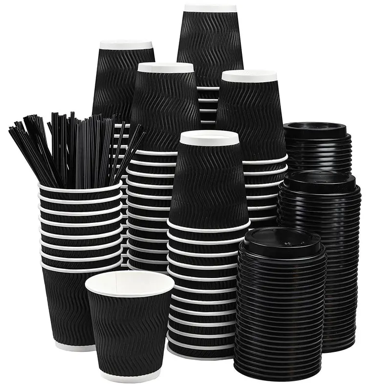 Nyhi 100-Pack 8 Oz Black Paper Cups With Black Lids & Straws – Stylish, Functional Drinkware For Smoothies & Cold Beverages 1