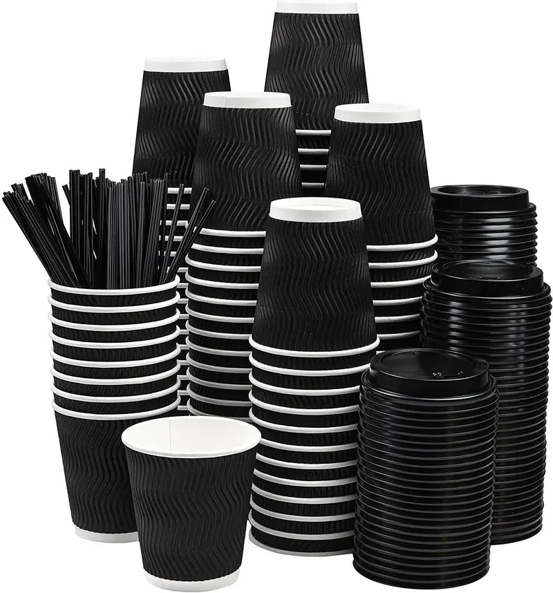 Nyhi 100-Pack Black Paper Cups – 8 Oz With Matching Lids & Straws, Sleek Disposable Beverage Cups For Cafés & Events 1
