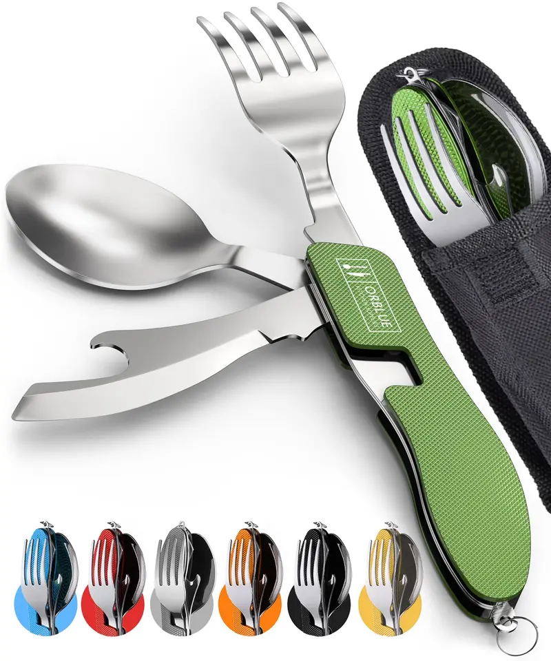 Orblue 4-In-1 Camping Utensil Set – Compact Stainless Steel Spoon, Fork, Knife & Opener 1