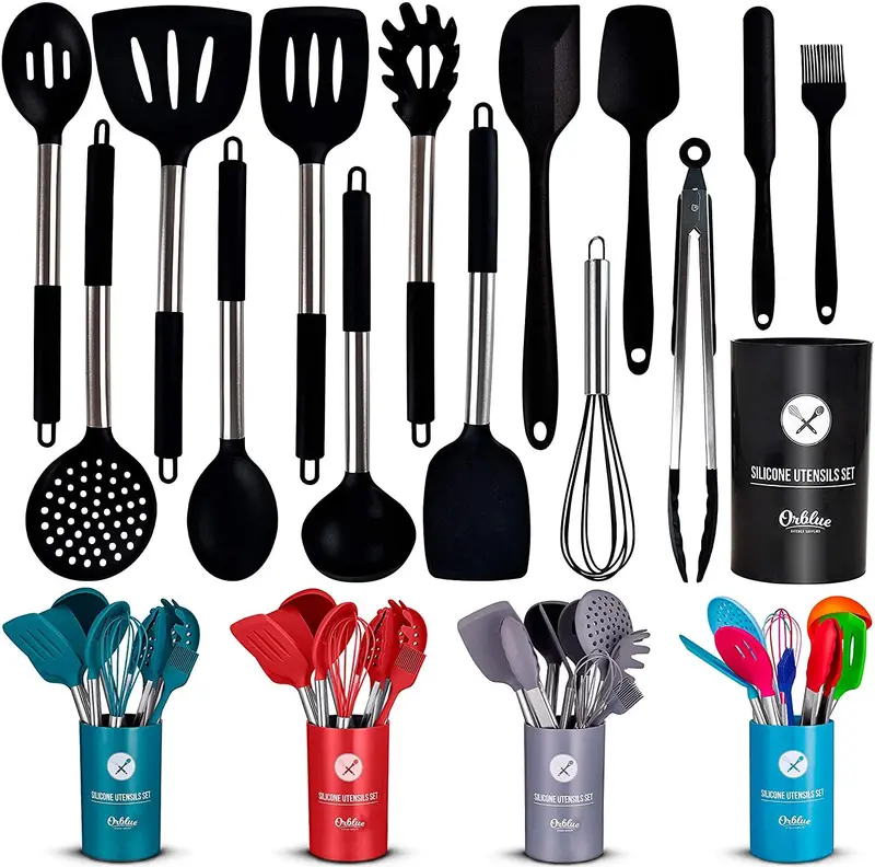 Orblue Food-Grade Silicone Kitchen Utensil Set – 14-Piece With Organizing Caddy 1