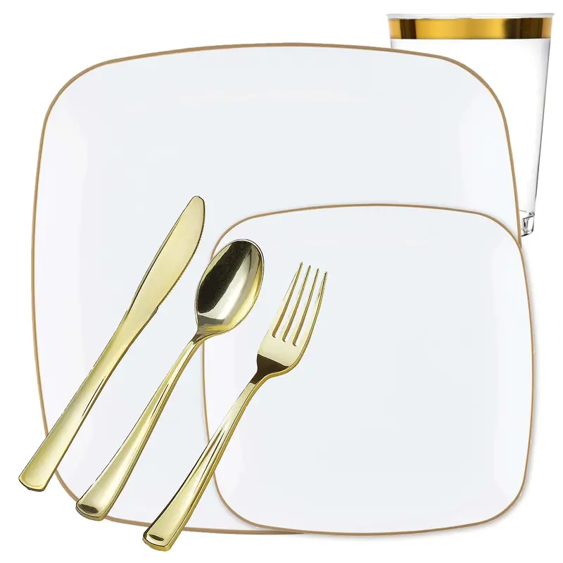 Orchid Collection White Plastic Dinnerware With Gold Rim – Value Pack 1