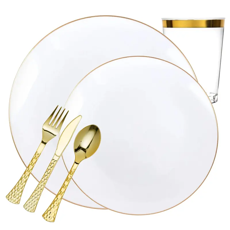 Organic Collection White Plastic Dinnerware With Gold Rim – Value Pack 1