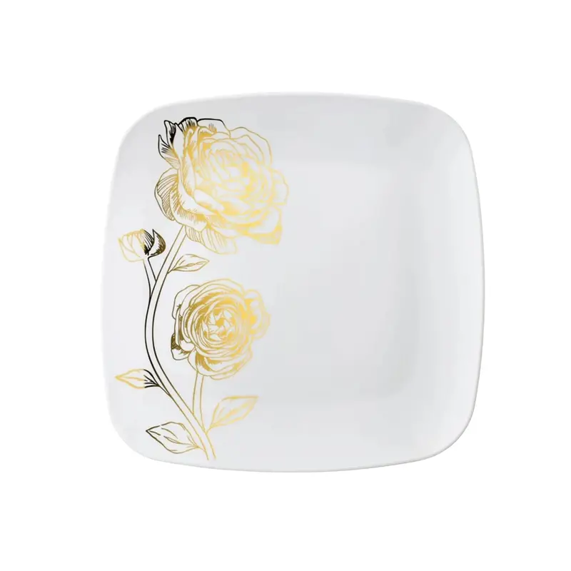 Peony Collection: 7.25" White & Gold Square Dessert Plate – Pack Of 10 1