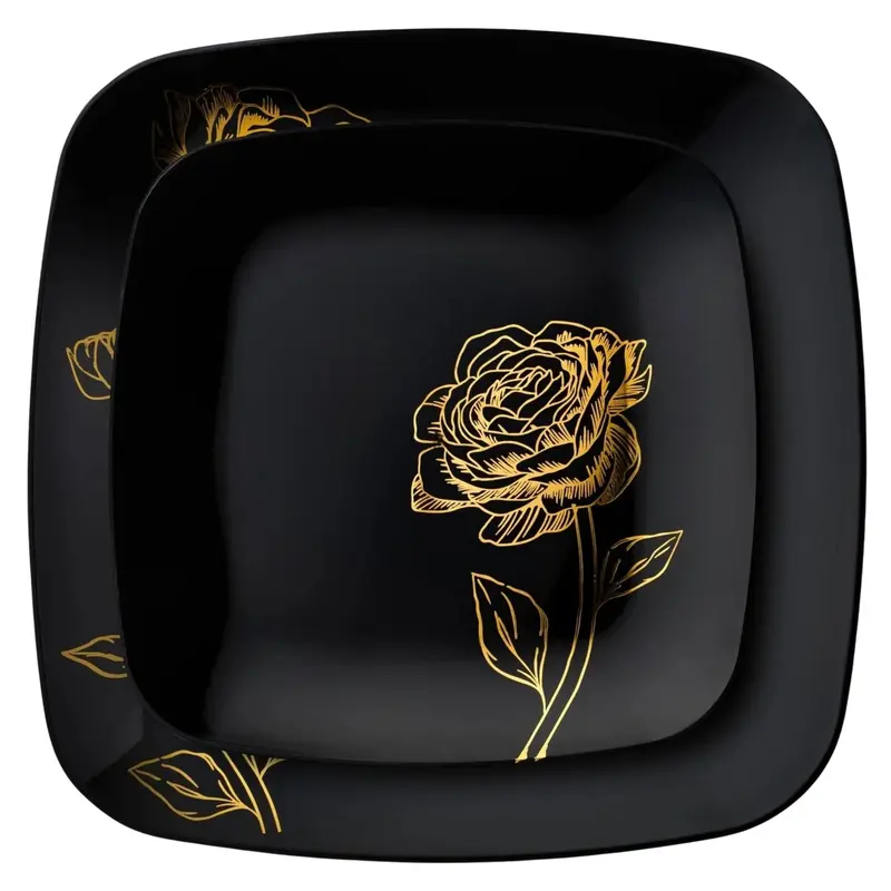 Peony Combo Set: 10.25" & 7.25" Black & Gold Square Disposable Plates – 32-Piece 1
