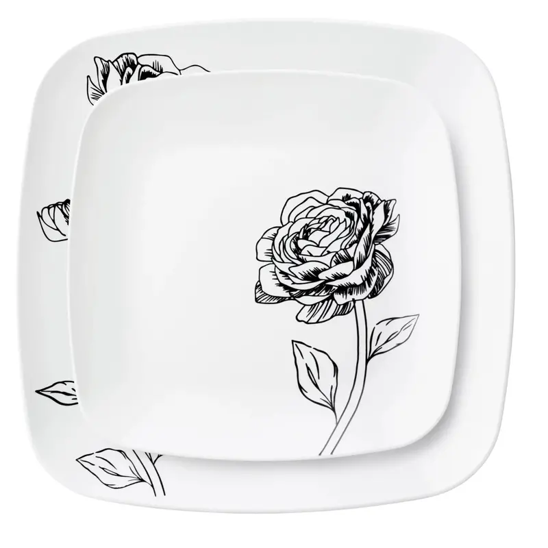 Peony Combo Set: 10.25" & 7.25" White & Black Square Disposable Plates – 32-Piece 1