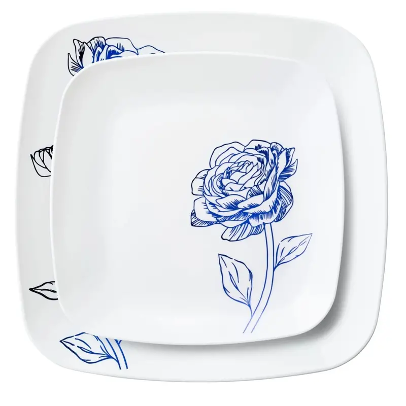 Peony Combo Set: 10.25" & 7.25" White & Blue Square Disposable Plates – 32-Piece 1