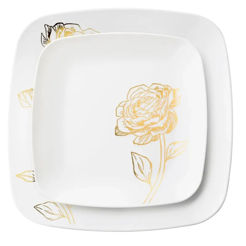 Peony Combo Set: 10.25" & 7.25" White & Gold Square Disposable Plates – 32-Piece 1