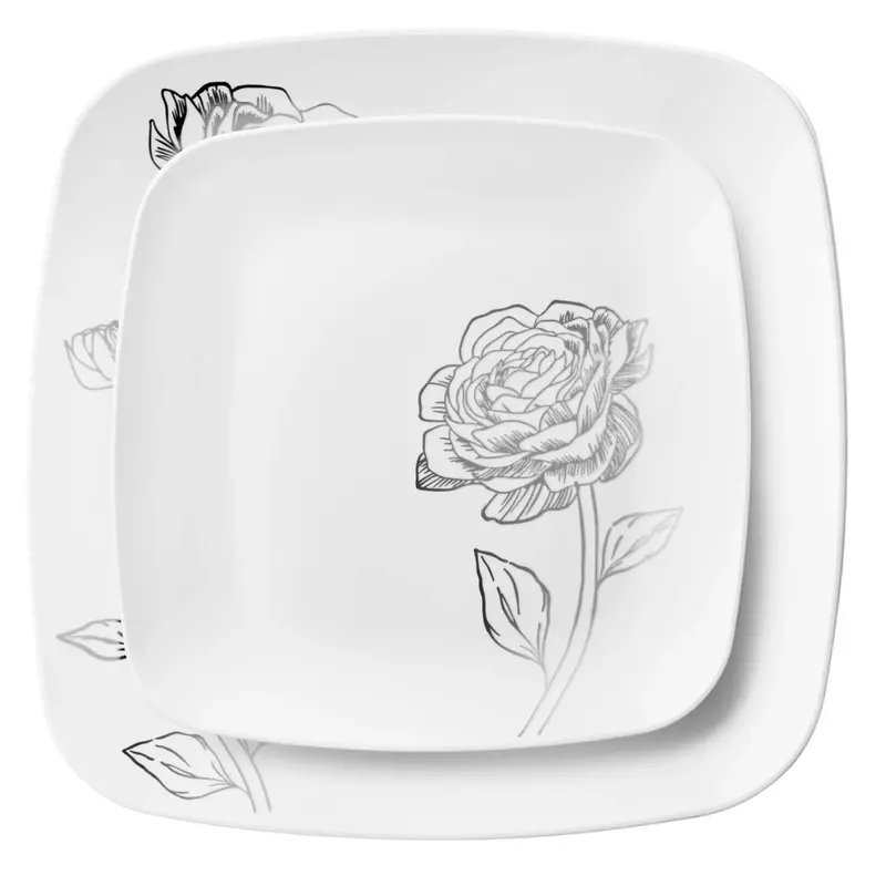 Peony Combo Set: 10.25" & 7.25" White & Silver Square Disposable Plates – 32-Piece 1