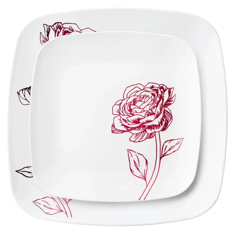 Peony Combo Set: 10.5" & 7.25" White & Burgundy Square Disposable Plates – 32-Piece 1
