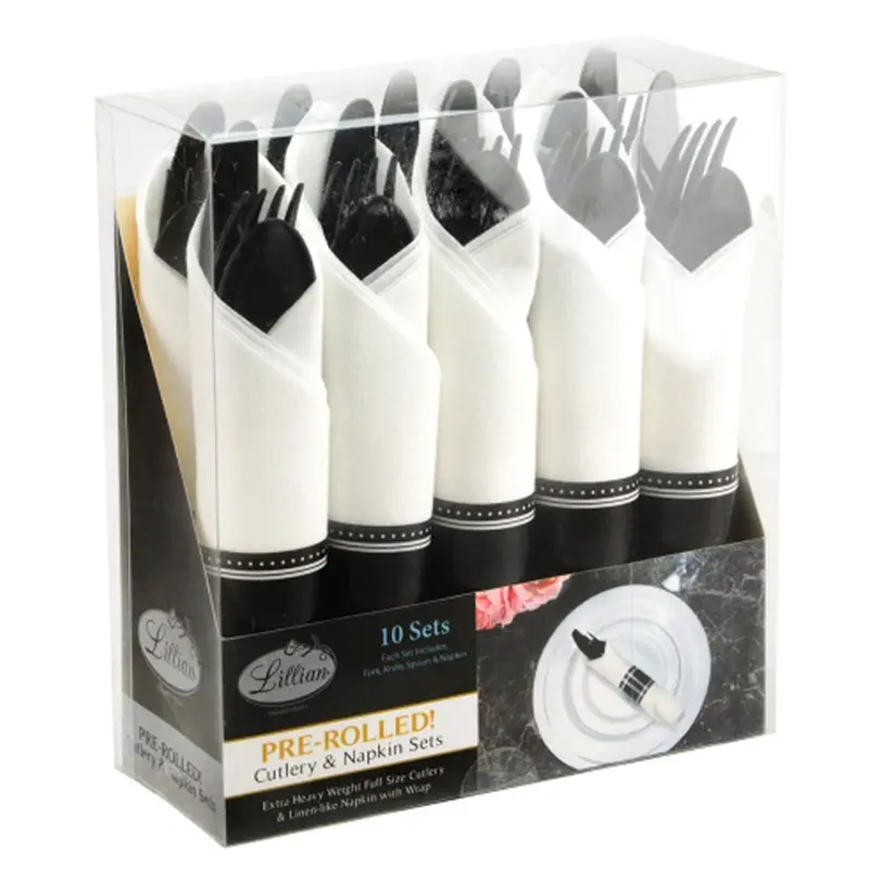 Pre-Rolled Black Plastic Cutlery Bundle – Spoon, Knife, Fork & Napkin 1