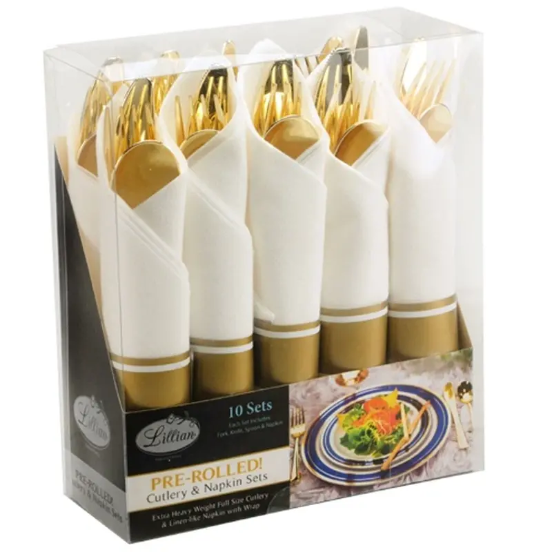 Pre-Rolled Gold Cutlery Kit – Spoon, Knife, Fork & Napkin (Single Pack) 1