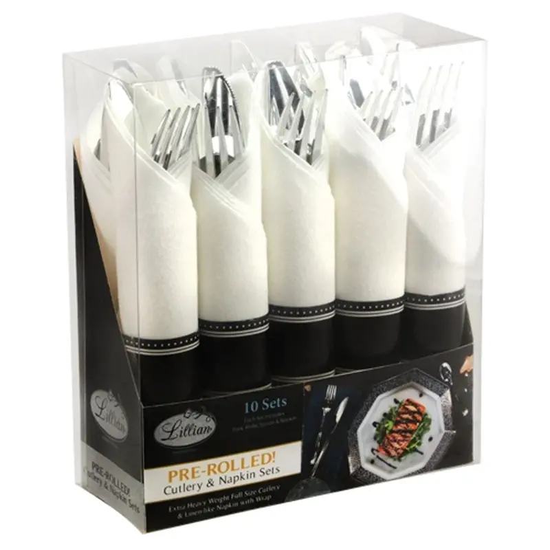 Pre-Rolled Silver Cutlery Set – Spoon, Knife, Fork & Napkin In Plastic 1