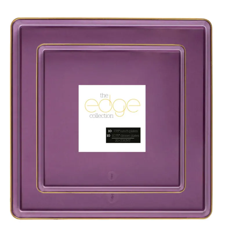 Purple & Gold Rim Square Plastic Plate Combo: 10.75" + 7.75" – Edge Collection 1
