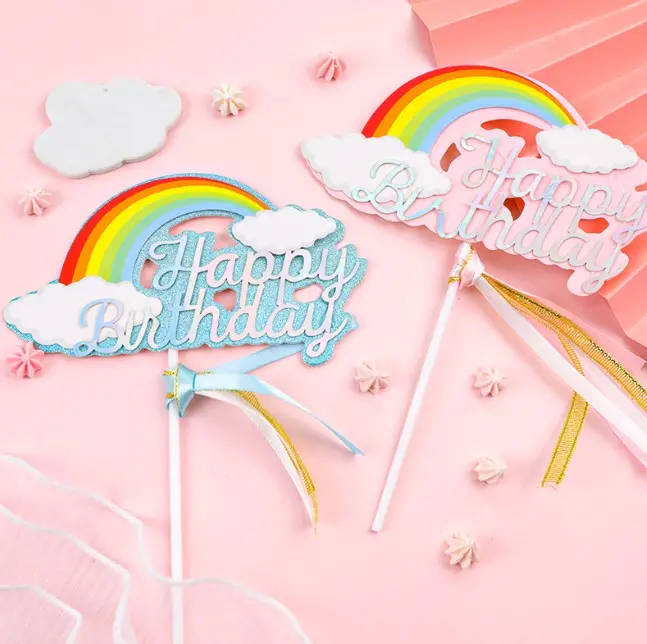 Rainbow-Themed Birthday Cake Topper Set: Cloud, Star, And Ribbon Accents In Blue & Pink 1