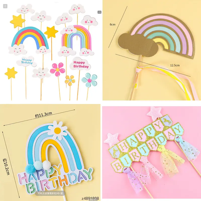 Rainbow-Themed Birthday Cake Topper With Ribbon Accent – Blue & Pink 1