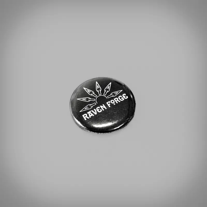 Raven Forge Button Badge – Classic Round Pin With Bold Graphic Design 1