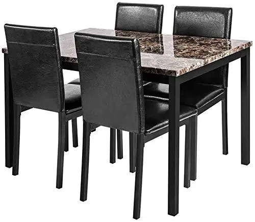 Recaceik 5-Piece Compact Dining Set – Faux Marble Table & Chairs For Small Spaces, Modern Black Finish (Seats 4) 1