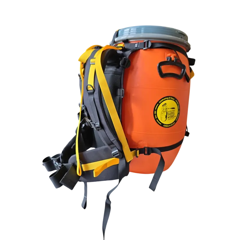 Recreational Barrel Works 60L Orange Barrel + Expedition Harness Kit 1