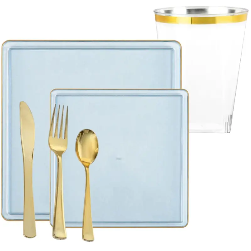 Sapphire Blue Square Plastic Dinnerware Set With Gold-Edged Design – Value Pack 1