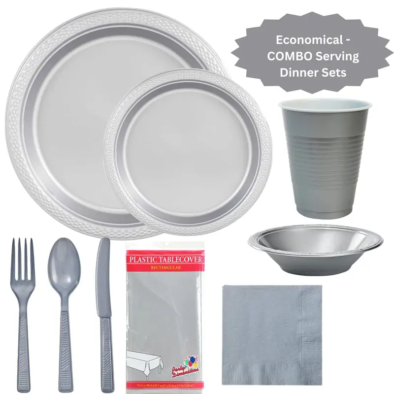 Silver-Tone Complete Disposable Dining Set – Budget-Friendly Party Combo 1