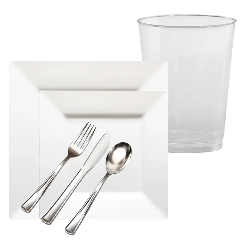 Square White Plastic Dinnerware Value Pack – Lillian Collection 1