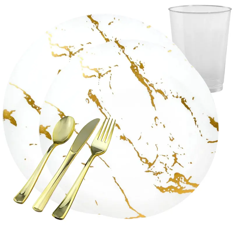 Stroke Collection White Plastic Dinnerware With Gold Finish – Value Pack 1