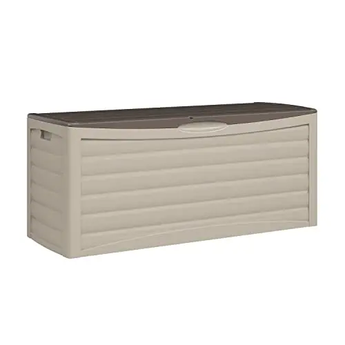 Suncast 103-Gallon Wheeled Outdoor Storage Box – Taupe Resin Deck Bin For Tools, Cushions & Backyard Gear 1